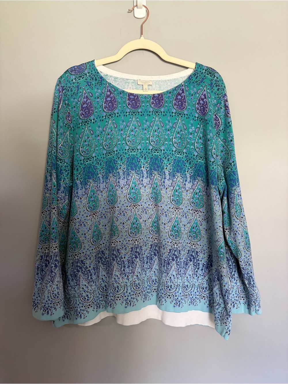 Talbots Sweater Pullover Size 2X Teal Blue Purple Paisley Medallion 100% Cotton